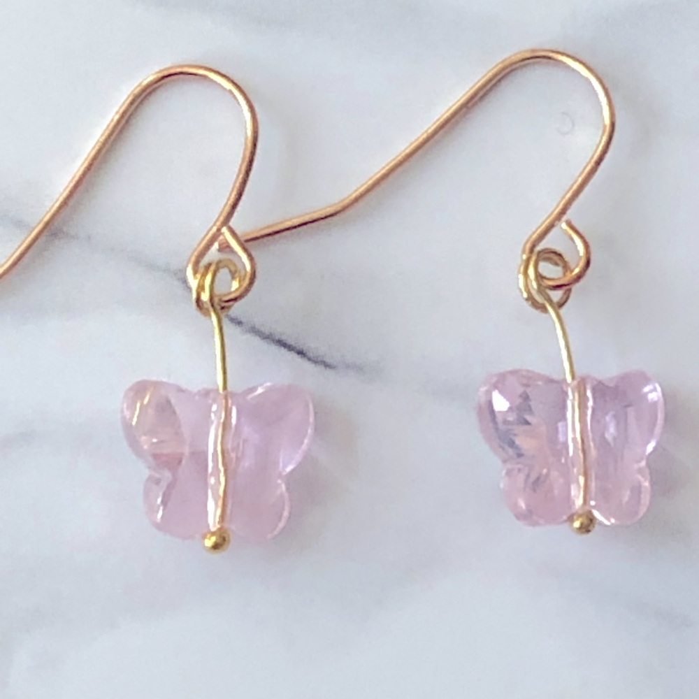New Sparkling Glass Crystal Pale Pink Dangling Butterfly Earrings Handmade Gifts
